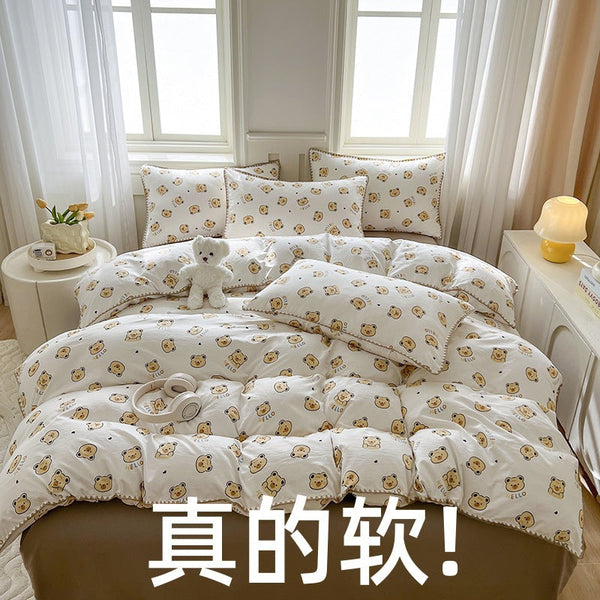 Class A cartoon shell embroidery washed double yarn four-piece set, our city household quilt cover, bed sheet, student dormitory three-piece set
