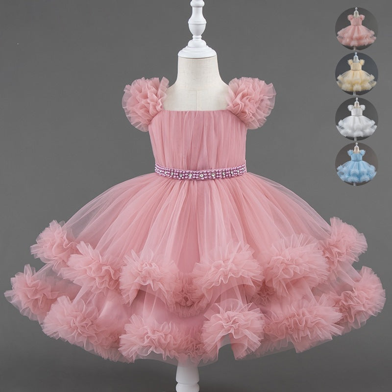 Performance catwalk girls birthday princess dress puffy skirt women's stage kids baby performance costume one year old dress model