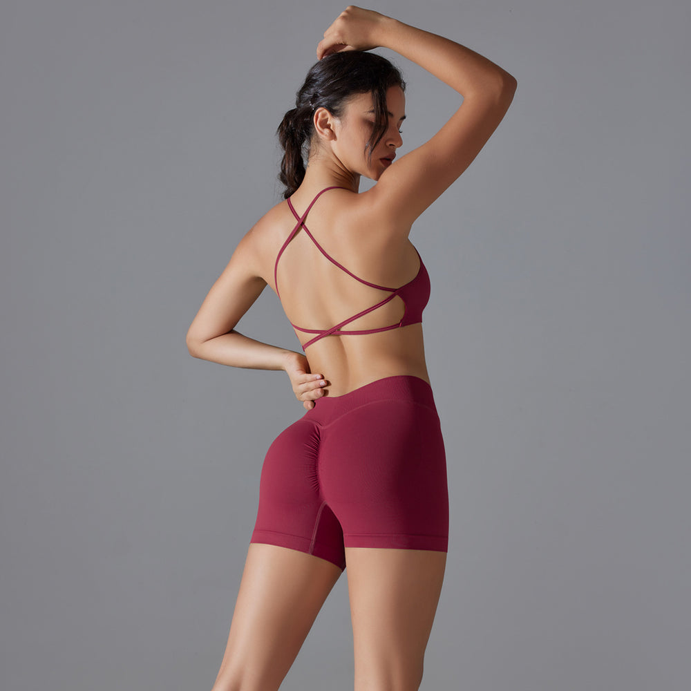 New seamless solid color criss-cross back high-elasticity compression sports bra and leggings set - perfect for running and fitness
