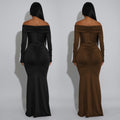 C7559 cross-border   fashion women's off-the-shoulder long sleeve metal buckle mermaid dress