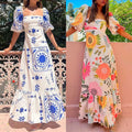 cross-border e-commerce european and american women's clothing: new summer collection - off-the-shoulder printed bubble sleeve maxi dress