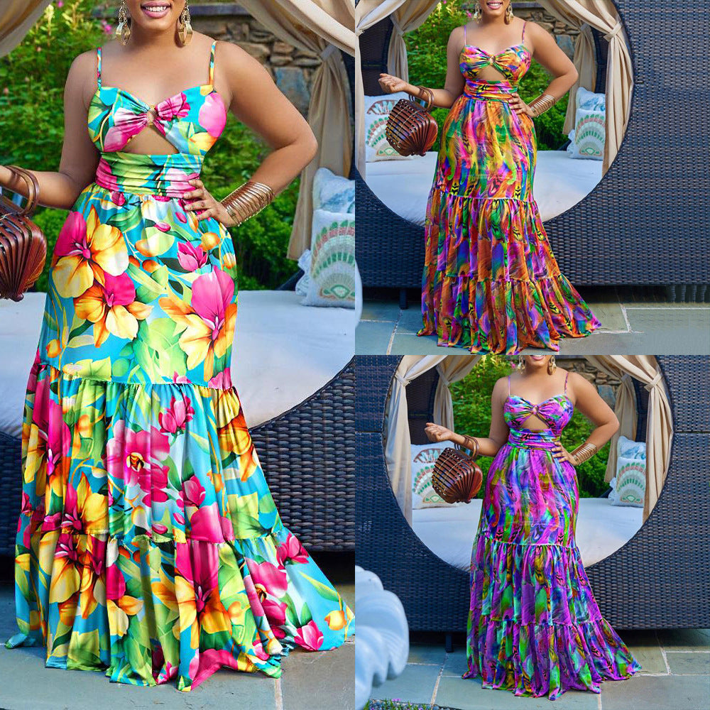 Y9335  cross-border summer new arrivals: european and american style sexy camisole dress - printed sleeveless backless maxi dress