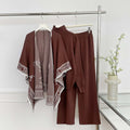 New arrival cross-border loose lazy style women's jacquard shawl turtleneck pullover knitting shirt + wide-leg pants three-piece set