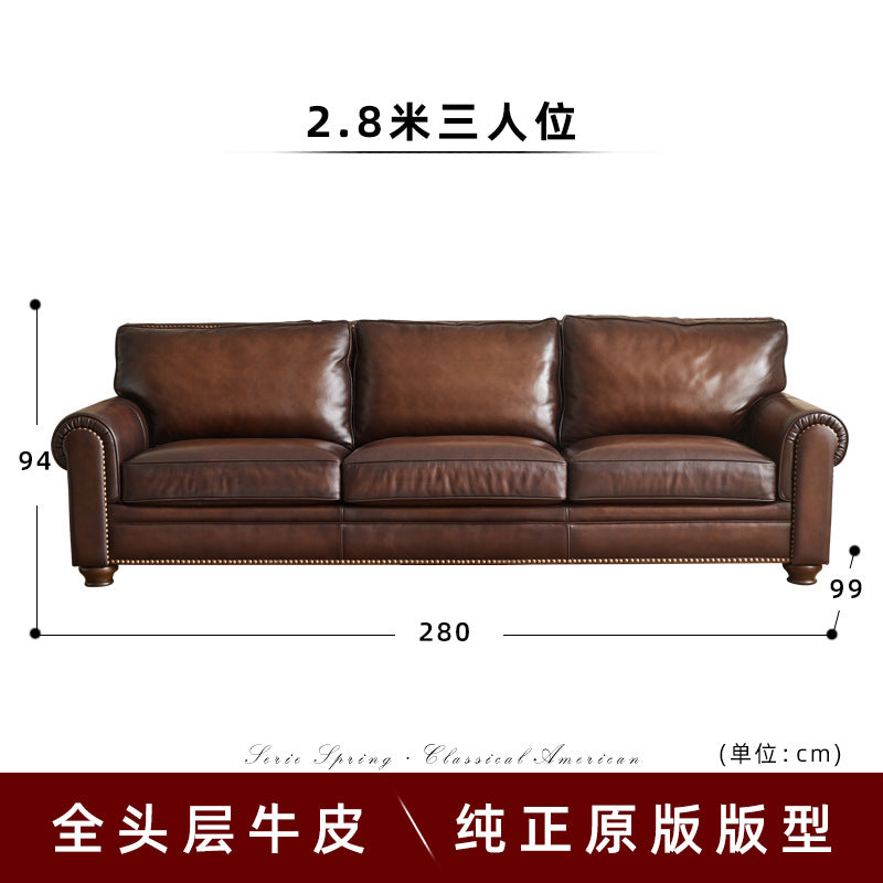 American sofa baton brown hand-rubbed full leather first-layer cowhide three-person row retro living room furniture