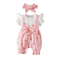 summer baby girl fly sleeve romper jumpsuit with cherry print and bow detail + headband outfit set