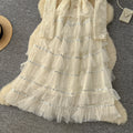 Korean style square neck beaded lace patchwork mesh dress women's long sleeve high waist embroidered a-line dress commuter fairy dress