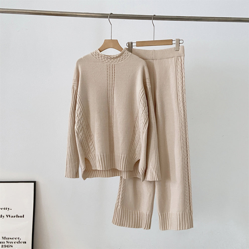 export  fall/winter new collection: turtleneck sweater set - relaxed fit long sleeve top + wide leg knit pants set