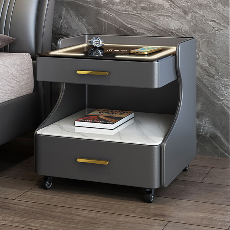 Italian smart bedside table minimalist modern leather bedroom wireless charging popular minimalist storage cabinet high-end rock slab