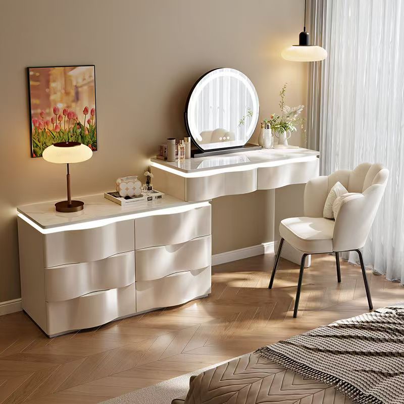 2025 new luxury solid wood vanity table - minimalist bedroom makeup desk with integrated chest of drawers, small storage cabinet, and makeup mirror