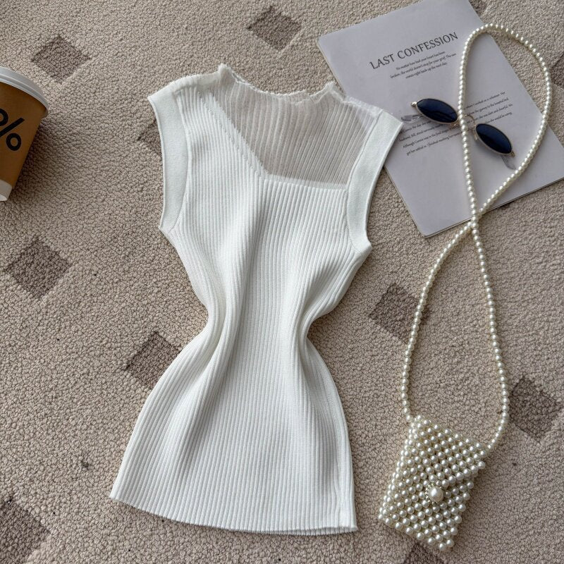 Sweet work clothing style half mesh high collar camisole women's summer outwear silmslimming lookknitting sleeveless tops