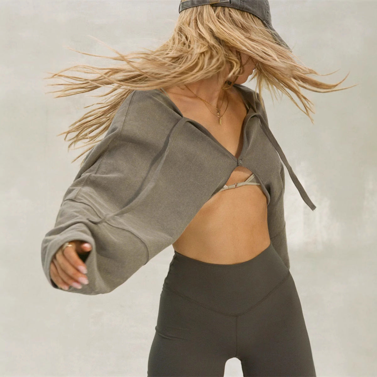 European and American independent station sports blouse light and thin running loose short halter cardigan sexy women street style outside