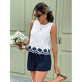 Women's embroidered cutout crew neck sleeveless tank top and casual shorts set, loose-fit summer outfit for everyday wear
