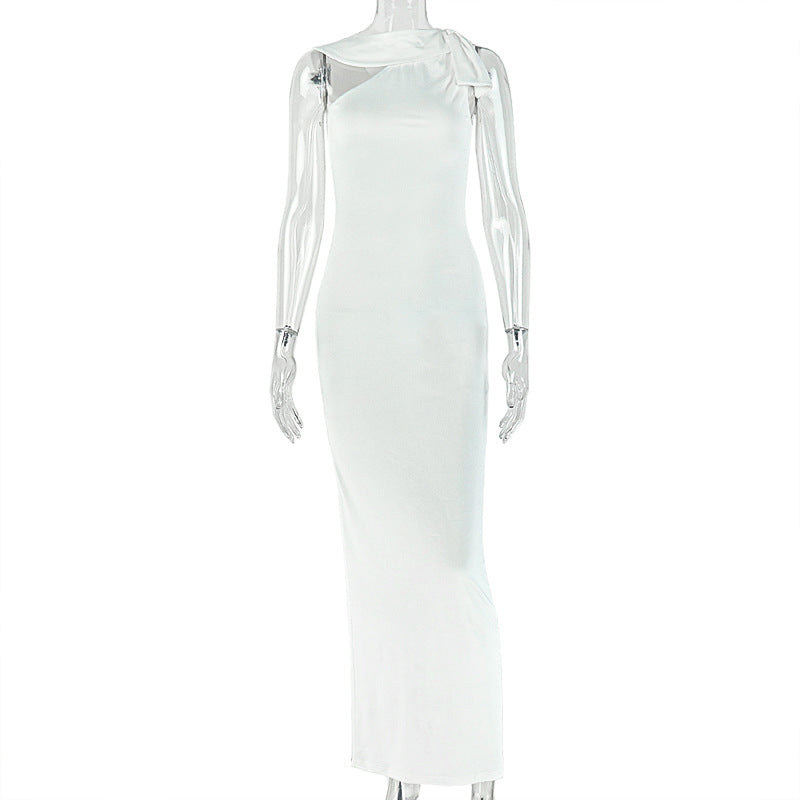 Fashion styleexportpure color women's clothing waist slimming lookelegant hip skirt oblique collar sleeveless asymmetrical longdress
