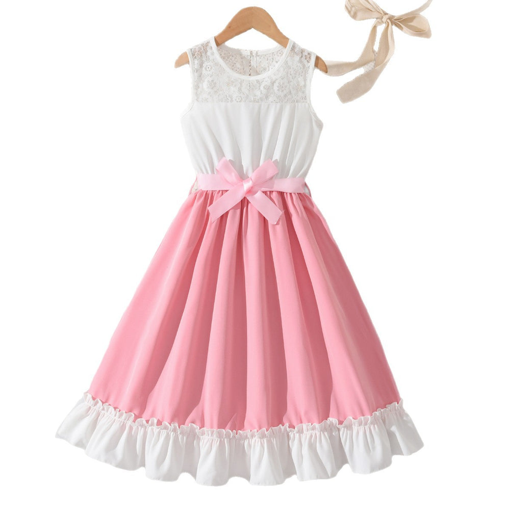 summergirldress sleeveless vest patchwork pink a-line skirt fungus edge hem kids long skirt