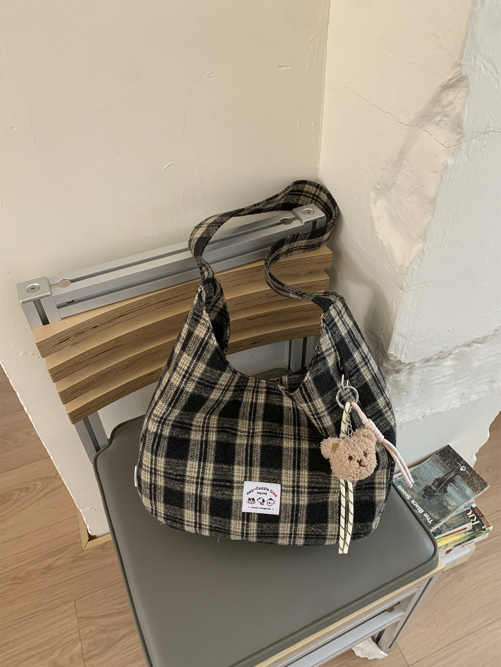 Korean retroplaid shoulder bag women's fall and winternew arrivalniche style design canvas bag large capacity casual tote bag