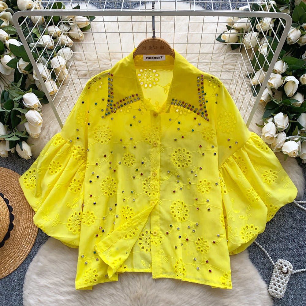 French chic court style blouse - women's fashionable, heavily embellished, rhinestone-studded, cutout embroidery, lantern sleeve top - versatile shirt