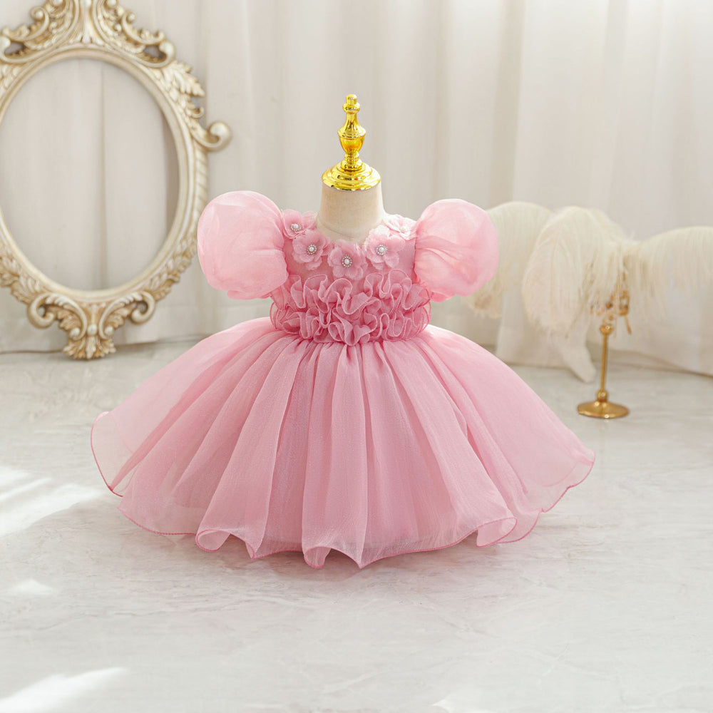 Ready-to-ship new bubble sleeve children's formal dress, floral tulle princess dress, baby girl's first birthday dress