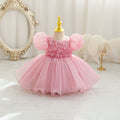 Ready-to-ship new bubble sleeve children's formal dress, floral tulle princess dress, baby girl's first birthday dress
