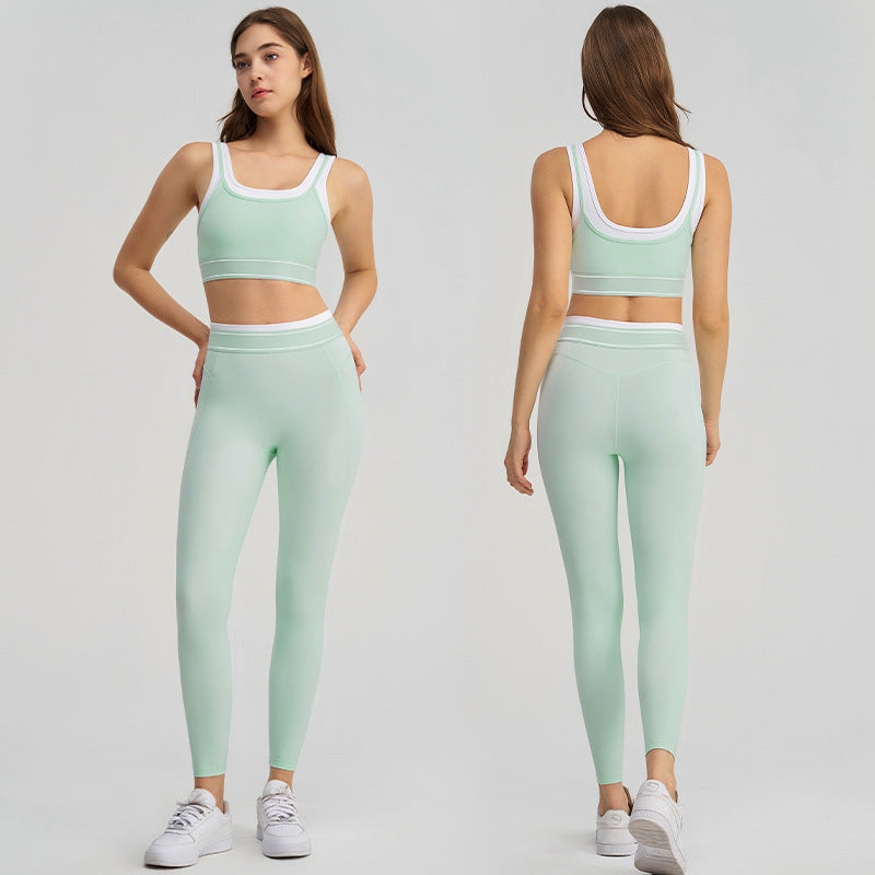 new arrivalfake two-piececontrast color white striped hip lifting pants suspender running sports intimates bra yoga suit