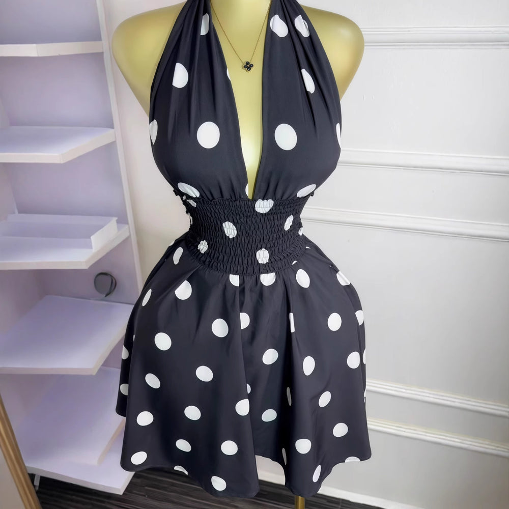 European and american cross-border women's fashion  summer new arrival polka dot sleeveless v-neck tie-back cutout waist short dress