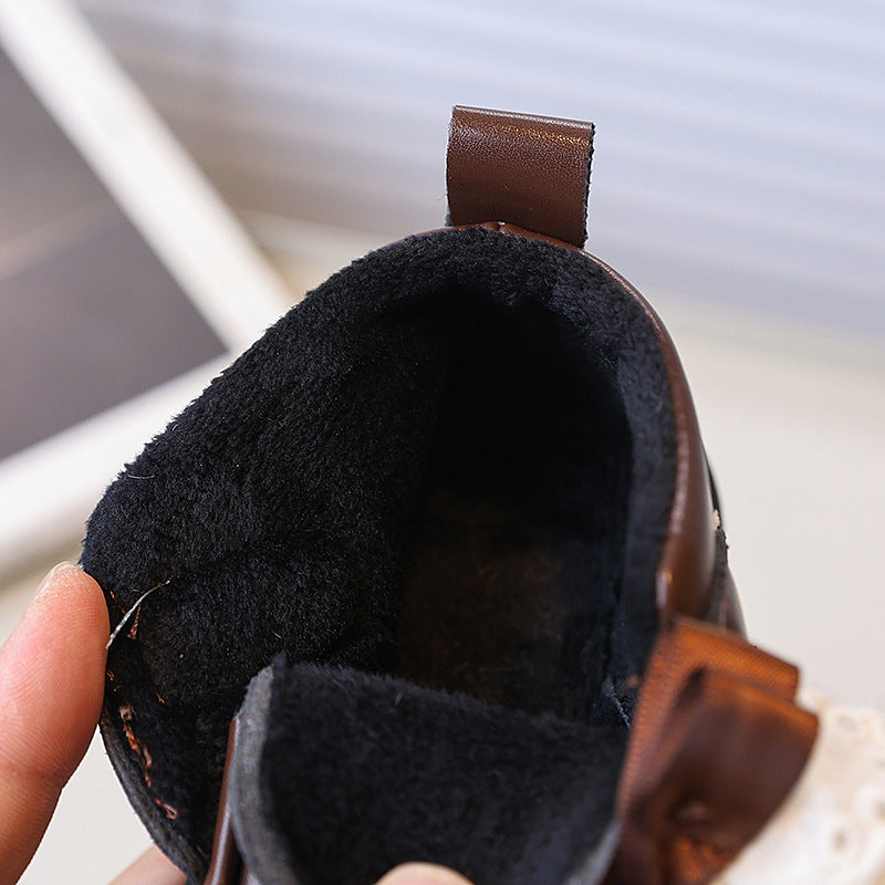 Vancahao girls' double-layer cotton black leather shoes,  winter new collection, kids' fashion lace-trimmed princess shoes