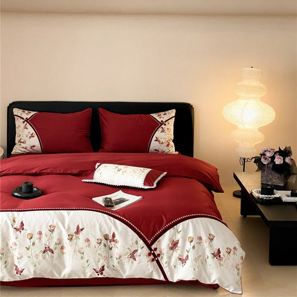 Modern new Chinese style rose embroidery big red bedding housewarming festive wedding daily pure cotton long-staple cotton four-piece set