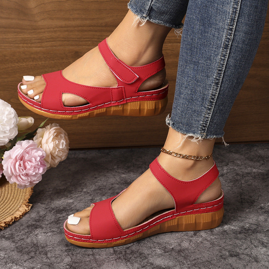 foreign trade new arrival wedge thick-soled sandals for women cross-border large size one-piece strap fish mouth velcro beach sandals