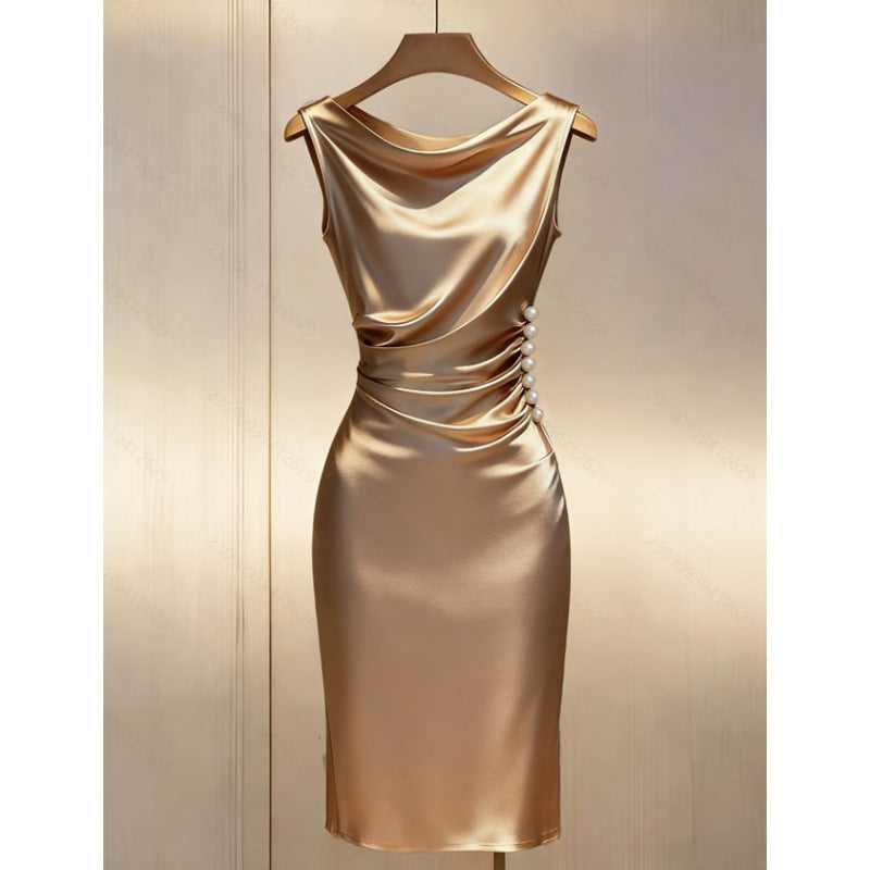 European and american cross-border women's summer new french elegant fashion satin sleeveless slim-fit midi dress
