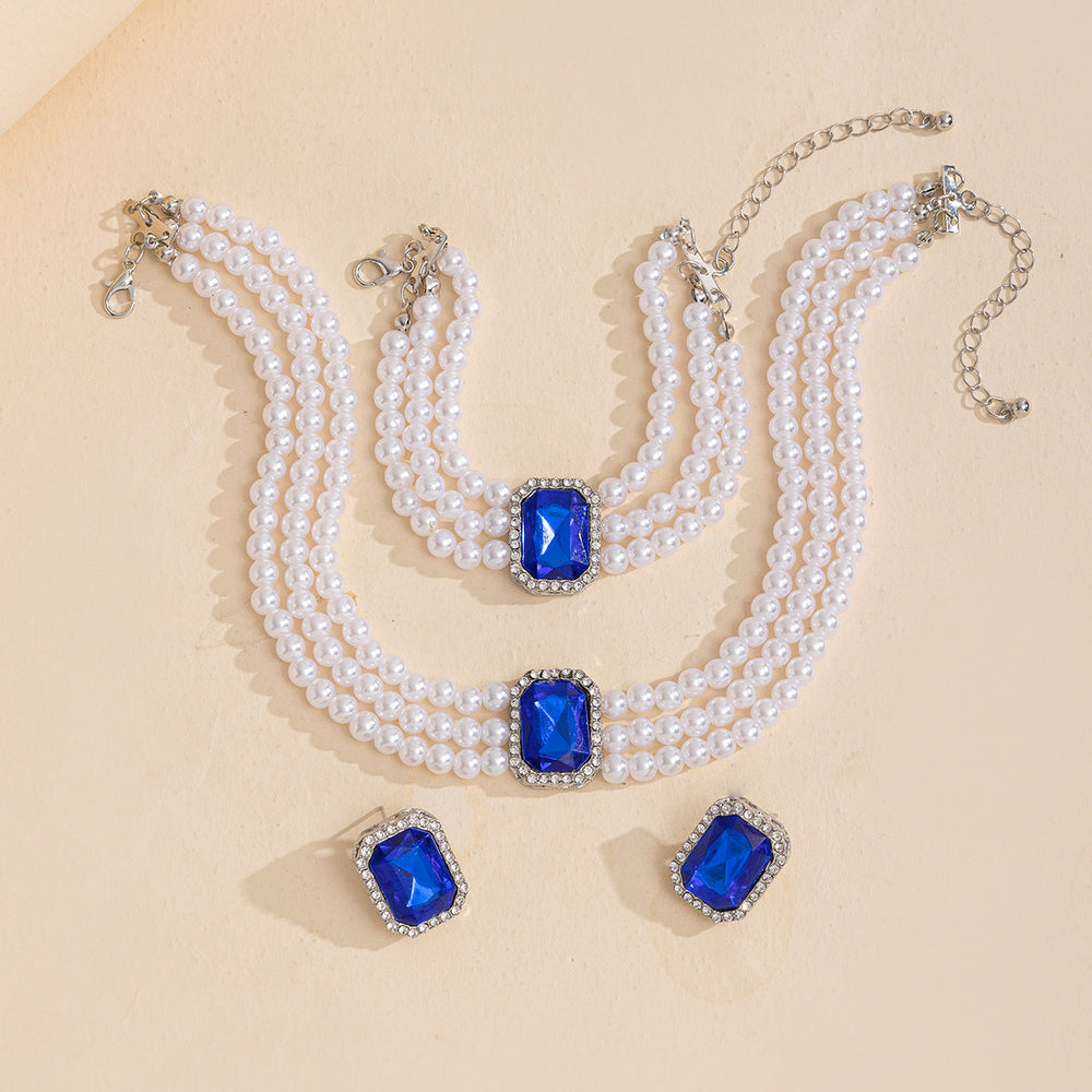 Imitation pearl necklace set wholesale - european & american cross-border jewelry - statement luxury gemstone choker necklace - vintage ring & bracelet set