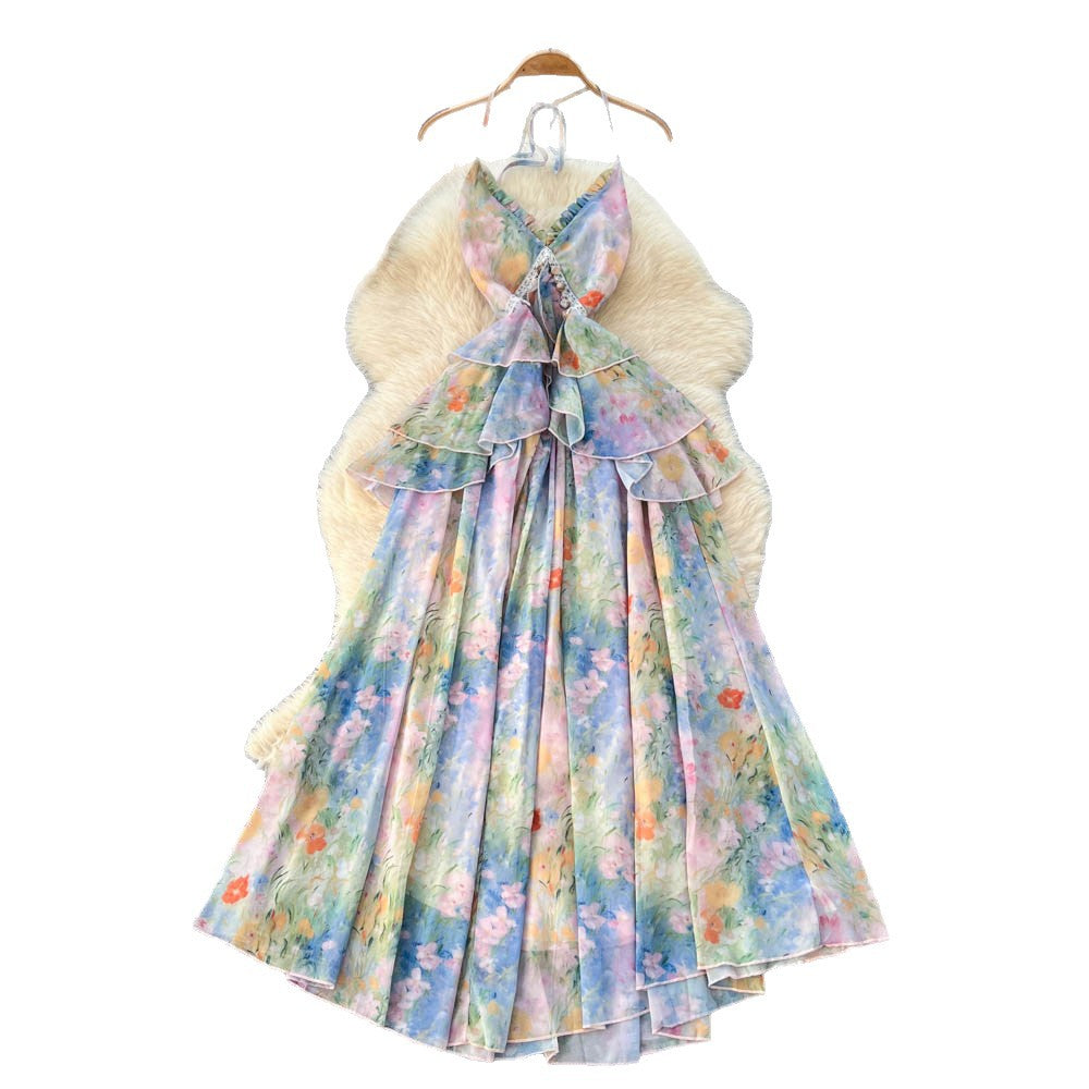 Stunning romantic v-neck floral sundress - dye-sublimated dopamine dress with ruffle hem, perfect for vacation