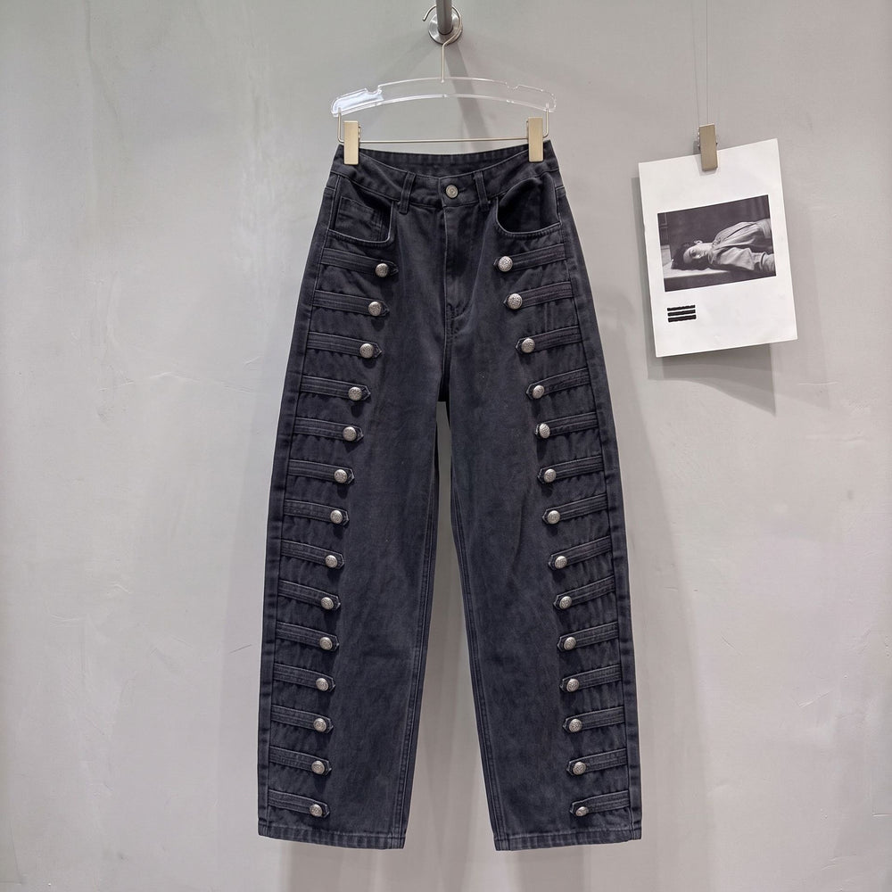 Autumnew arrivalamerican distressed metal rib buckle loose scimitar jeans loose pants pants women's trendy