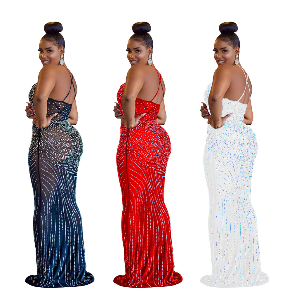 C6075 cross-border   fashion women's mesh rhinestone sleeveless v-neck maxi dress