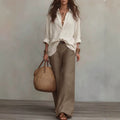 Fashion cross-border plus size cotton and linen shirt suit lapel long sleevesloose shirt high waistloose pantstwo-piece set