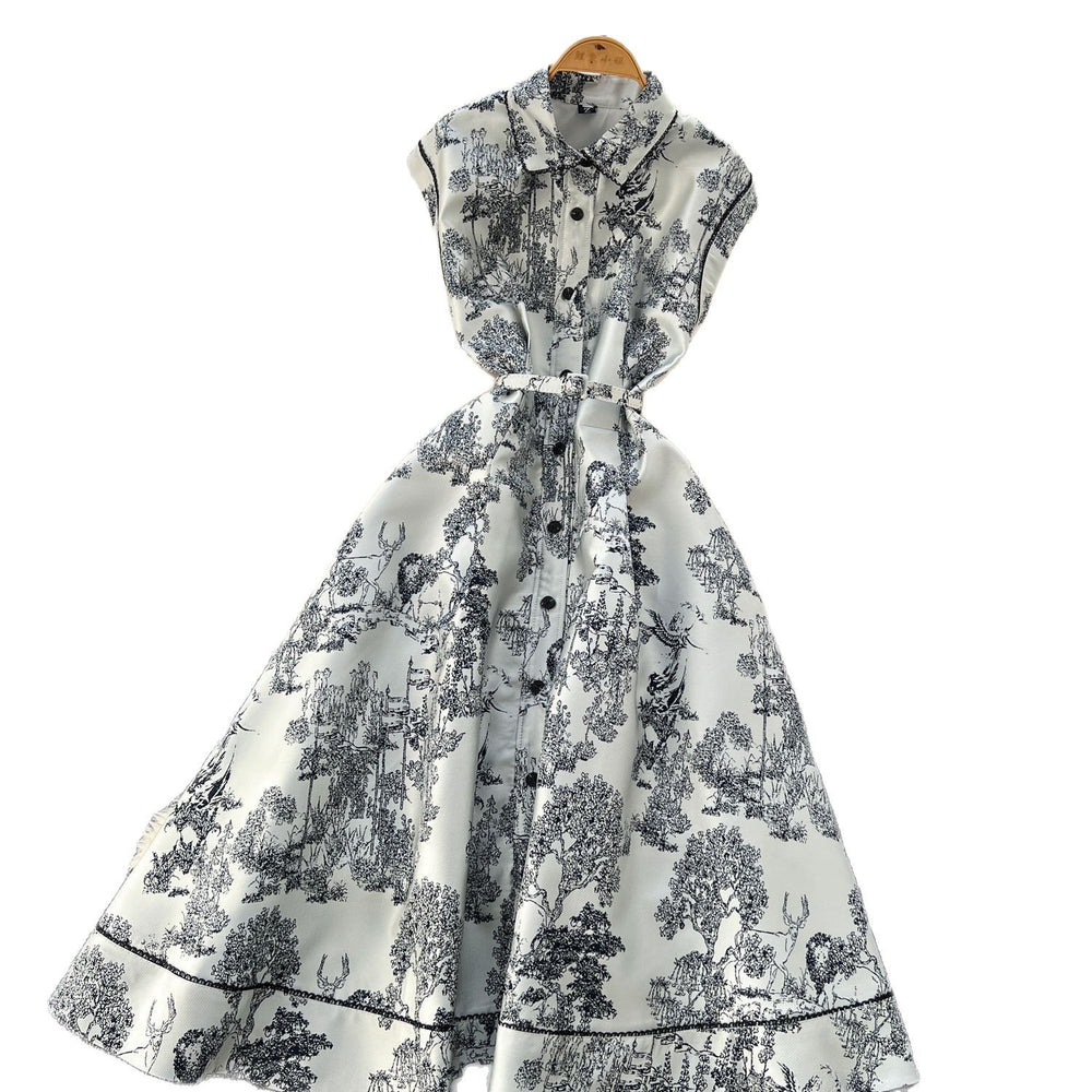 new women's high-end elegant dress - sleeveless, notched collar, cinched waist, single-breasted, ink wash painting jacquard maxi dress