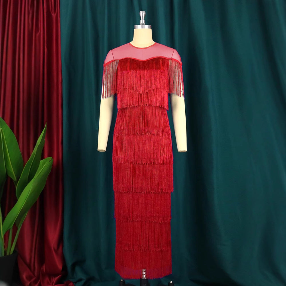Am210516 mesh patchwork tassel high waist plus size slim fit casual bodycon dress - women's dress