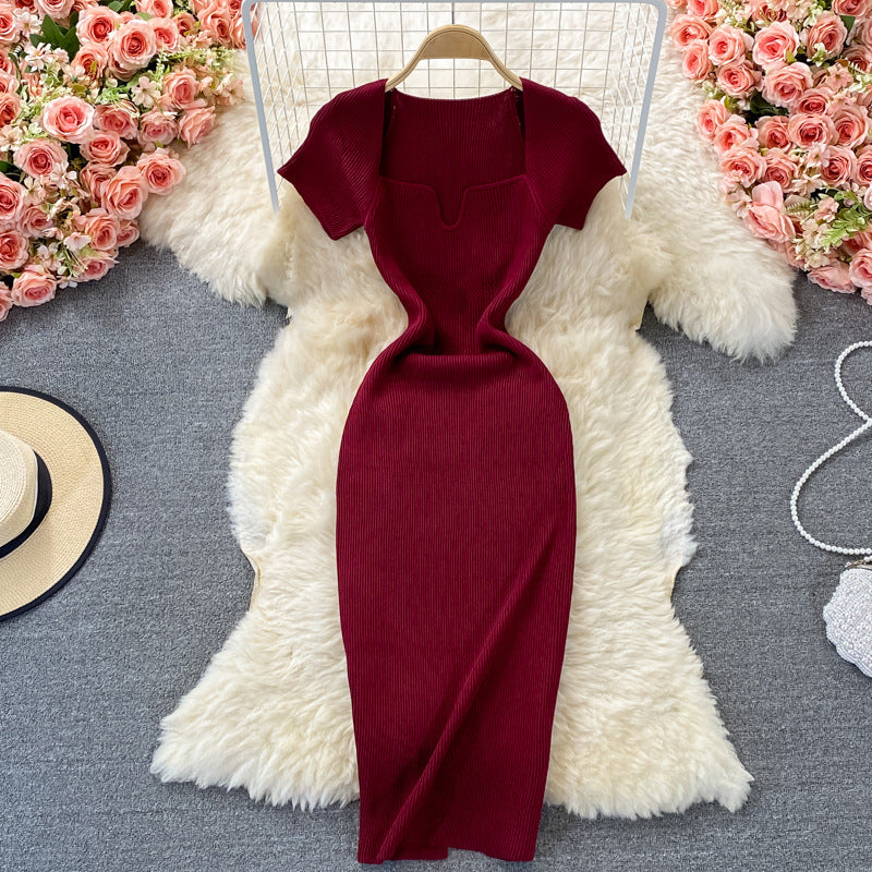 Fitted and slimming square neck knit dress - short sleeve,  summer new arrival, chic and sexy, bodycon maxi dress