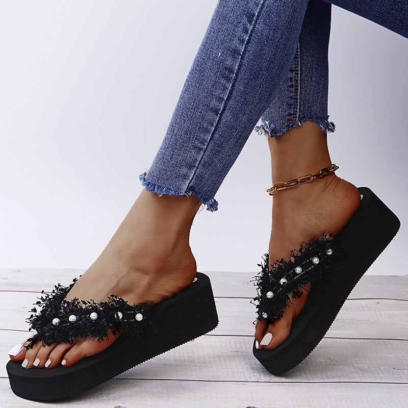 2024 summer new european and american style tassel open-toe pearl flip-flops flat sandals women's wholesale foreign trade shoes wish plus size