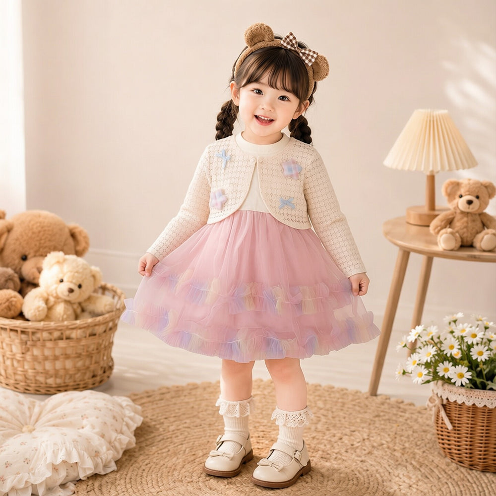 Girls' autumn outfit: korean style children's clothing, fresh plaid star pattern girl's set, hollow knit vest with gradient detail