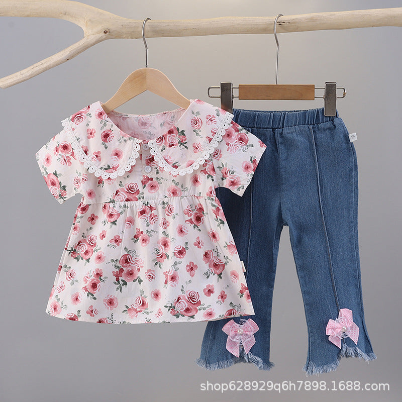 Floral print short-sleeve summer outfit for girls (0-4 years) - includes blouse with shoulder ruffles and denim pants