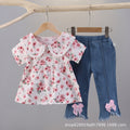 Floral print short-sleeve summer outfit for girls (0-4 years) - includes blouse with shoulder ruffles and denim pants