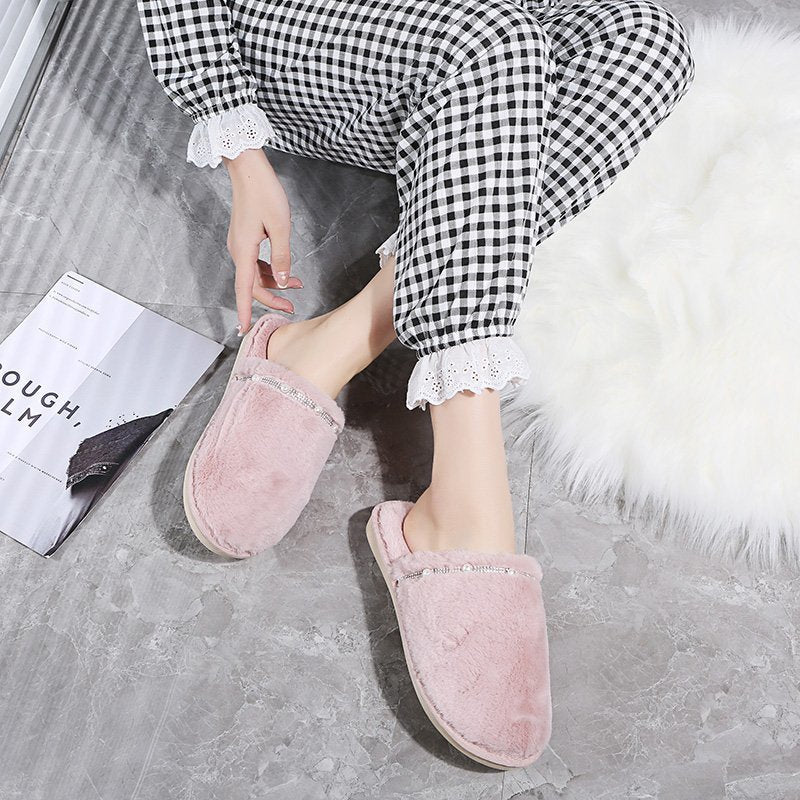 winter baotou women's soft fur cotton slippers home indoor heattech rhinestone fashionoutwear cotton slippers