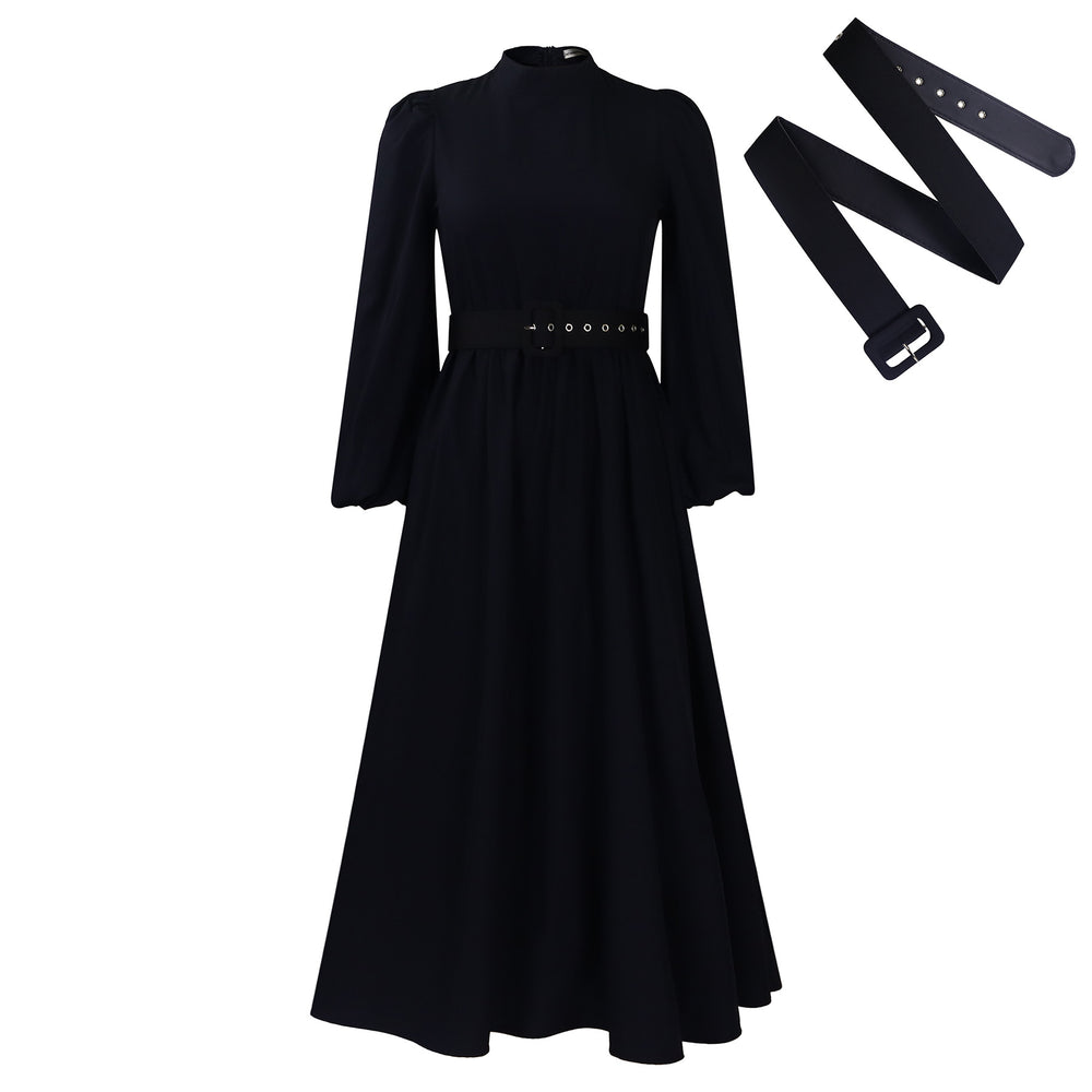 D491  women's winter new arrival: semi-high neck, long sleeve, cinched waist, elegant, slimming, a-line foreign trade dress