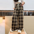 Girls' wide-leg pants,  new high-waisted casual kids' straight-leg trousers, fleece-lined, korean style plaid pants for girls (mid to big kids)