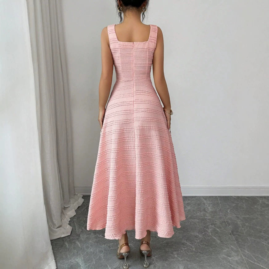 summer new arrival: elegant pink crew neck sleeveless knit dress with rhinestone button accents and openwork crochet detail