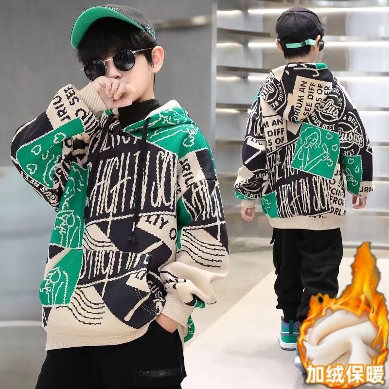 Boys' hooded sweatshirt - spring/autumn style,  new collection, mid-to-large children's autumn/winter collection, boys' autumn apparel, fleece-lined top, trendy brand