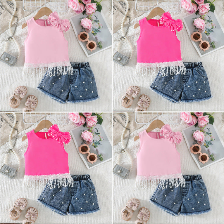 european and american style girls' summer outfit: bowknot lace tassel tank top + beaded denim shorts set