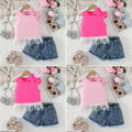 european and american style girls' summer outfit: bowknot lace tassel tank top + beaded denim shorts set