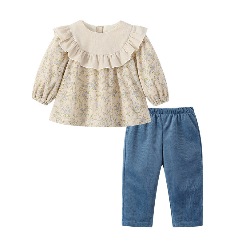 Girls' country style autumn outfit  new arrival: chic lotus lace floral top and shorts set - wholesale