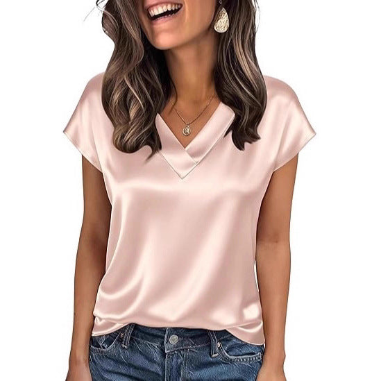Women's satin t-shirt - spring/summer new arrivals -  us & european style - solid color business v-neck casual pullover top