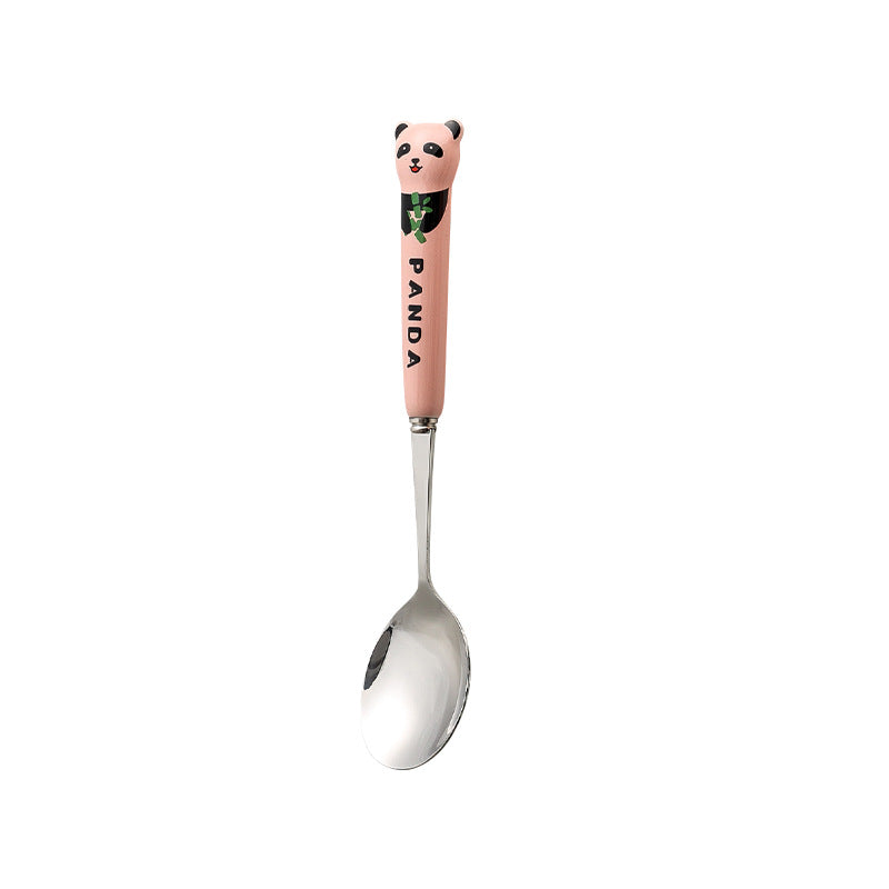 Cartoon stainless steel cutlery set: cute kids' forks with stylish ceramic handles, exquisite dessert spoons, and serving spoons